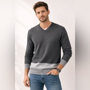 Hugo Boss Gray 3 Tone Cotton V-Neck Sweater Sz. L NWT